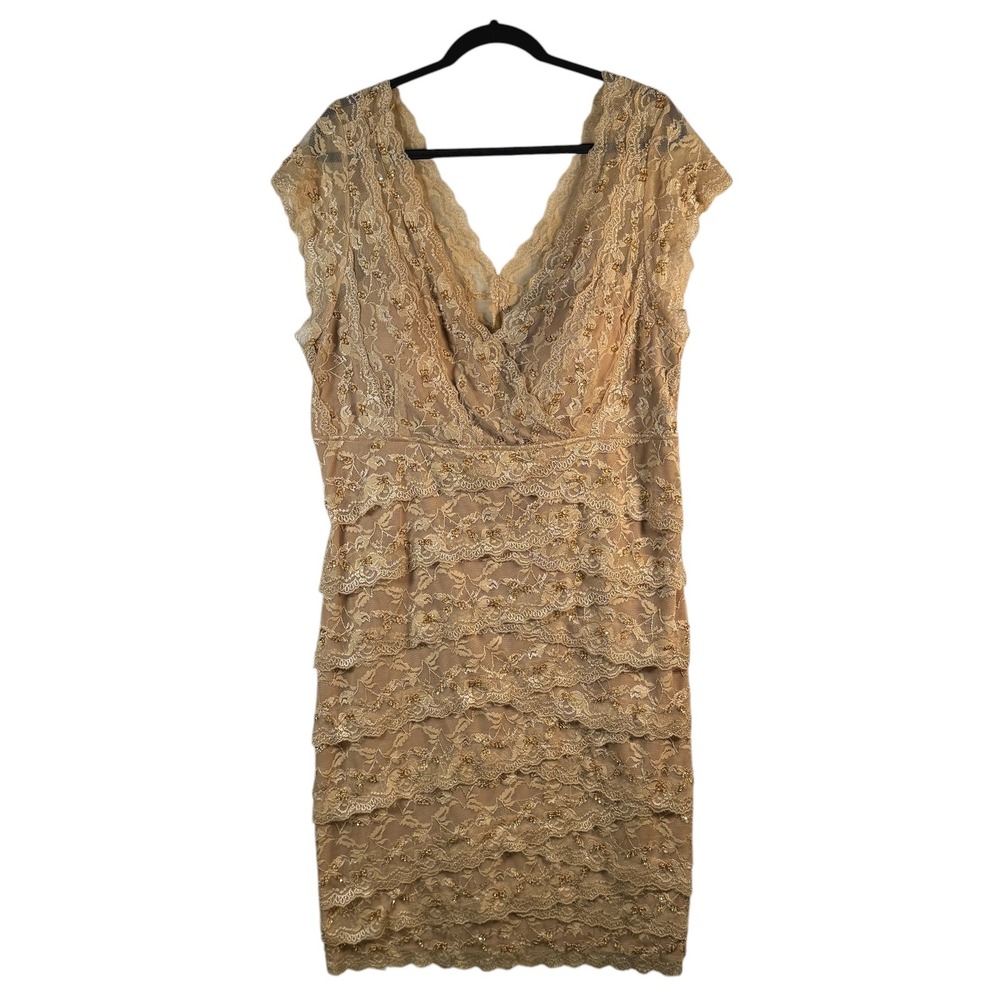 May Queen 3XL Champagne Lace Tiered V-Neck Evening Cocktail Dress‎ Formal Party